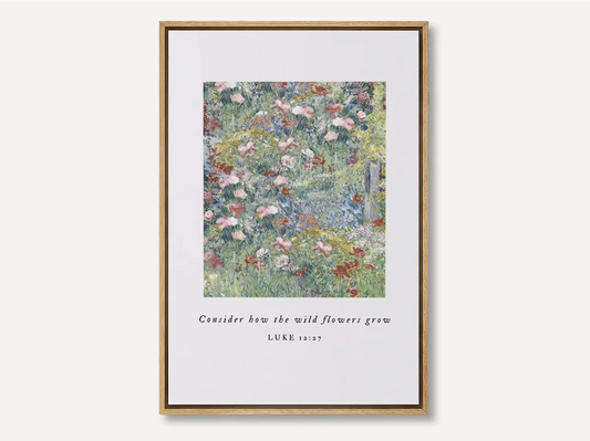 Invite the gentle wisdom of God's perfect care into your home with this inspiring Christian canvas wall art. This framed canvas print features a beautiful field of flowers and the comforting teaching from Luke 12:27: "Consider how the wild flowers grow."