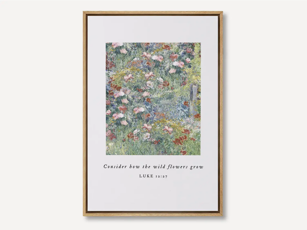 Wild flower Christian canvas wall art featuring Luke 12:27 Scripture
