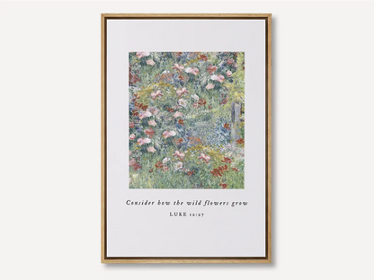 Invite the gentle wisdom of God's perfect care into your home with this inspiring Christian canvas wall art. This framed canvas print features a beautiful field of flowers and the comforting teaching from Luke 12:27: "Consider how the wild flowers grow."
