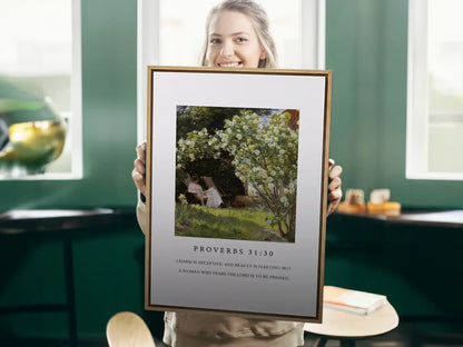 Celebrate inner strength and timeless beauty with this inspiring Christian canvas wall art. This framed canvas print features a peaceful garden scene paired with the profound scripture from Proverbs 31:30 about the enduring praise for a woman who fears the Lord.