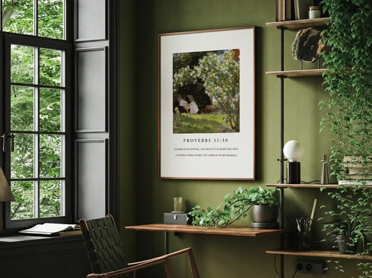 Celebrate inner strength and timeless beauty with this inspiring Christian canvas wall art. This framed canvas print features a peaceful garden scene paired with the profound scripture from Proverbs 31:30 about the enduring praise for a woman who fears the Lord.