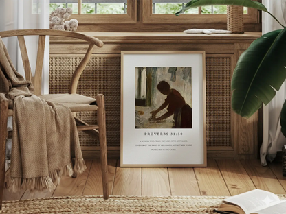 Celebrate the dignity of labor and inner strength with this inspiring Christian canvas wall art. This framed canvas print features a classic painting of a hardworking woman, paired with the powerful scripture from Proverbs 31:30 about giving her the fruit of her hands.