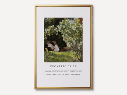 Celebrate inner strength and timeless beauty with this inspiring Christian canvas wall art. This framed canvas print features a peaceful garden scene paired with the profound scripture from Proverbs 31:30 about the enduring praise for a woman who fears the Lord.