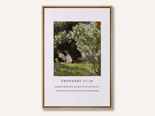 Celebrate inner strength and timeless beauty with this inspiring Christian canvas wall art. This framed canvas print features a peaceful garden scene paired with the profound scripture from Proverbs 31:30 about the enduring praise for a woman who fears the Lord.
