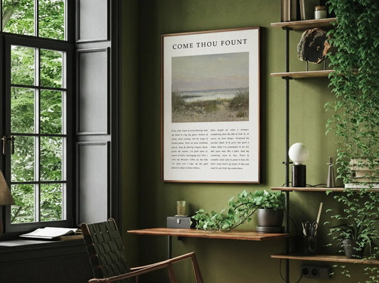 Fill your home with the beautiful melody of faith with this inspiring Christian canvas wall art. This framed canvas print features the heartfelt lyrics of "Come Thou Fount of Every Blessing," paired with a serene coastal painting.