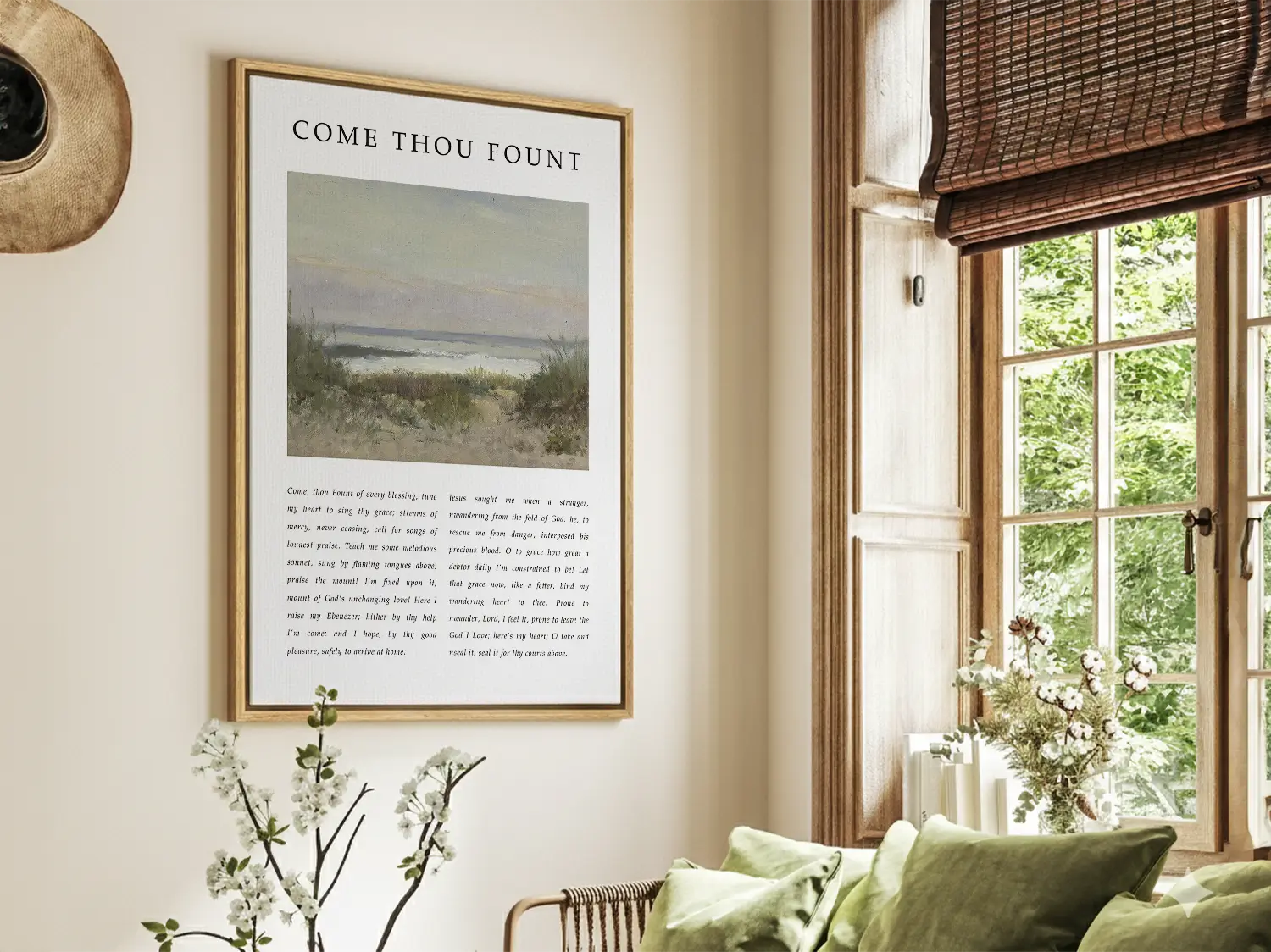 Fill your home with the beautiful melody of faith with this inspiring Christian canvas wall art. This framed canvas print features the heartfelt lyrics of "Come Thou Fount of Every Blessing," paired with a serene coastal painting.