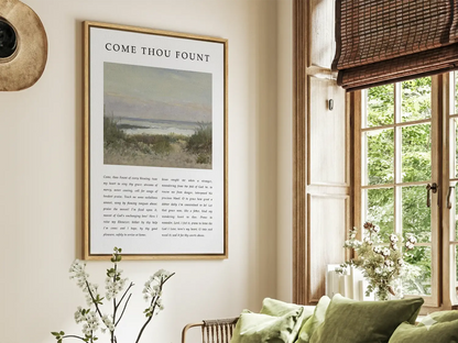 Fill your home with the beautiful melody of faith with this inspiring Christian canvas wall art. This framed canvas print features the heartfelt lyrics of "Come Thou Fount of Every Blessing," paired with a serene coastal painting.