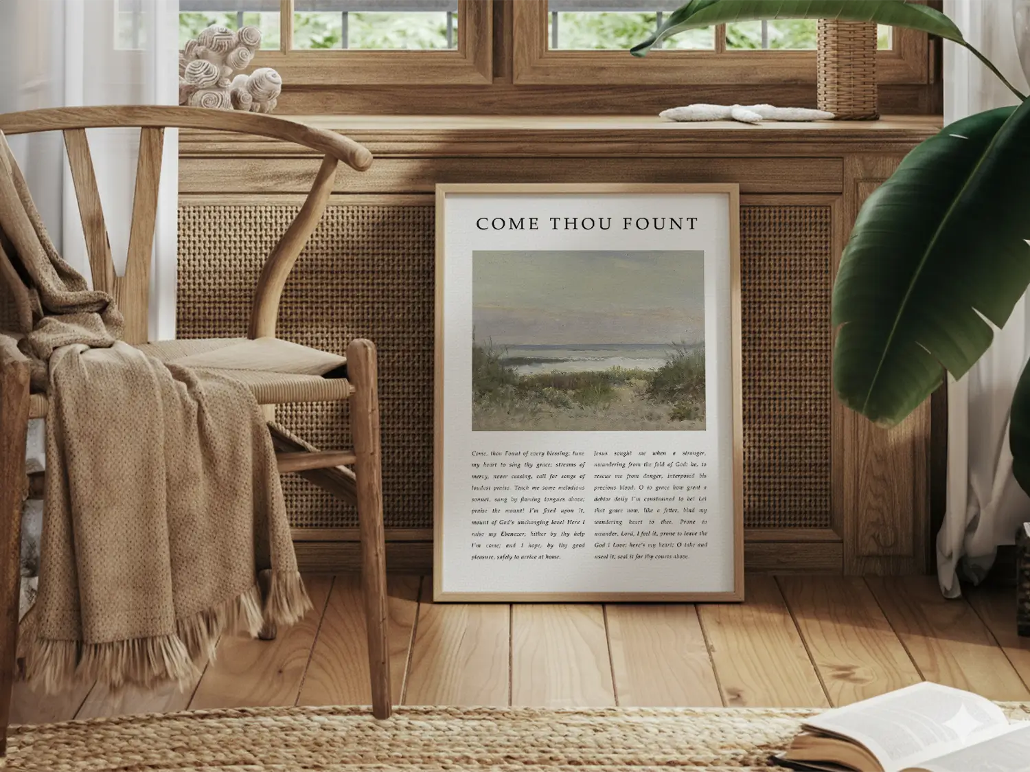 Fill your home with the beautiful melody of faith with this inspiring Christian canvas wall art. This framed canvas print features the heartfelt lyrics of "Come Thou Fount of Every Blessing," paired with a serene coastal painting.