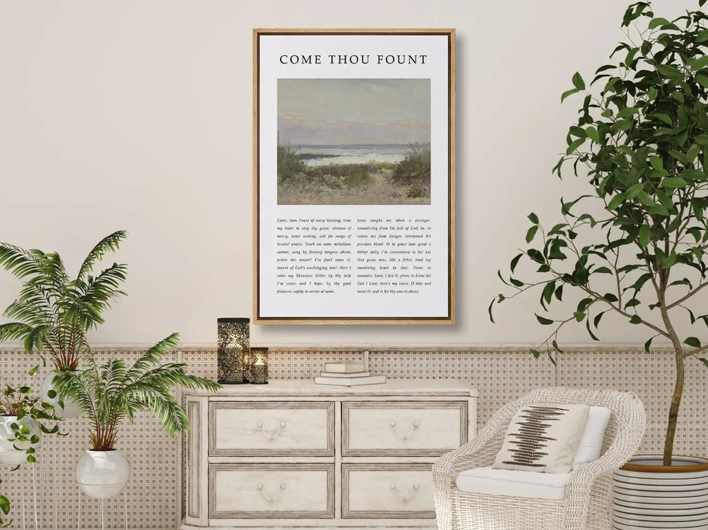Fill your home with the beautiful melody of faith with this inspiring Christian canvas wall art. This framed canvas print features the heartfelt lyrics of "Come Thou Fount of Every Blessing," paired with a serene coastal painting.