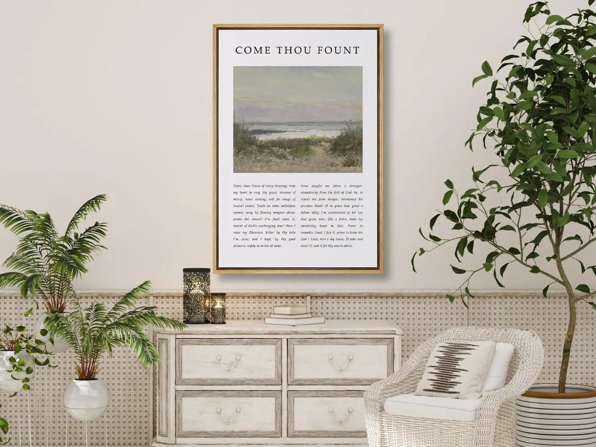Fill your home with the beautiful melody of faith with this inspiring Christian canvas wall art. This framed canvas print features the heartfelt lyrics of "Come Thou Fount of Every Blessing," paired with a serene coastal painting.