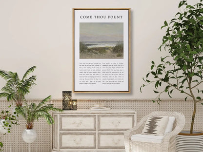 Fill your home with the beautiful melody of faith with this inspiring Christian canvas wall art. This framed canvas print features the heartfelt lyrics of "Come Thou Fount of Every Blessing," paired with a serene coastal painting.