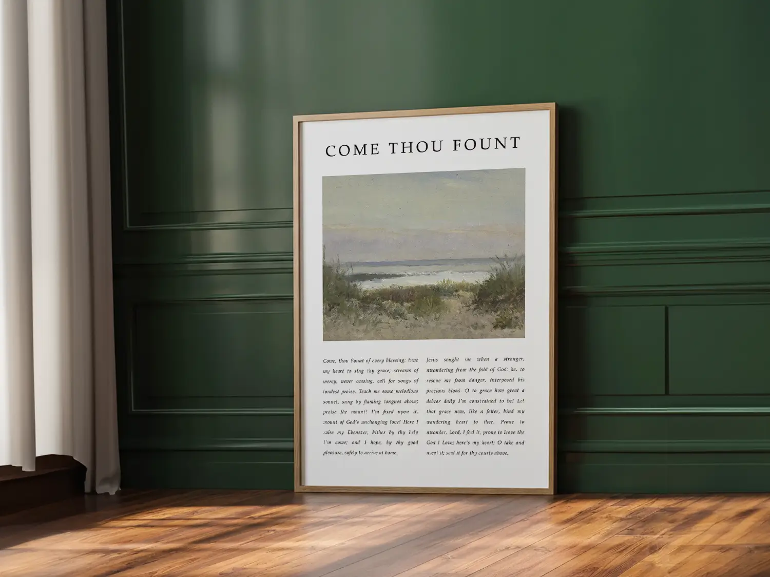 Fill your home with the beautiful melody of faith with this inspiring Christian canvas wall art. This framed canvas print features the heartfelt lyrics of "Come Thou Fount of Every Blessing," paired with a serene coastal painting.