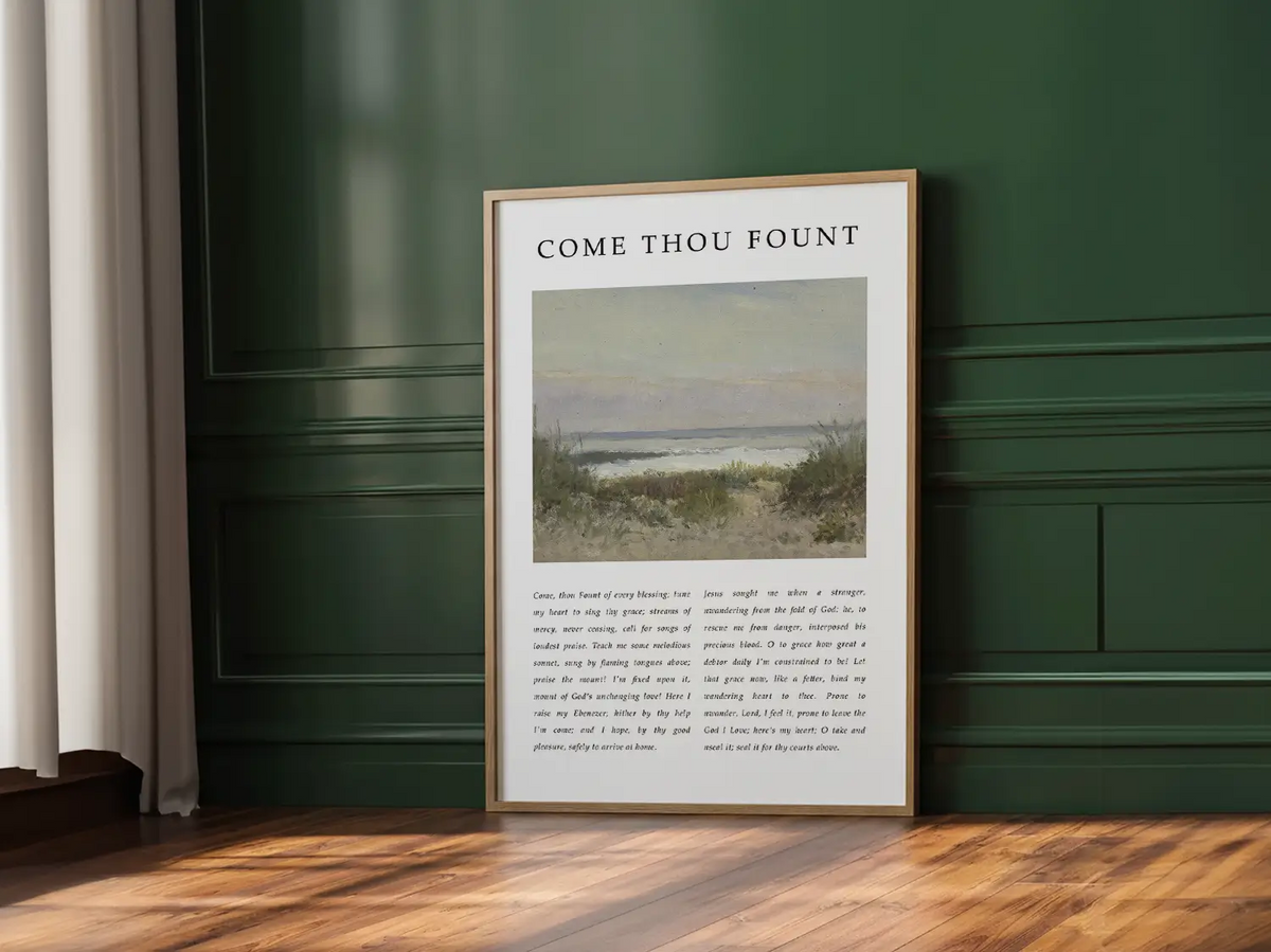 Fill your home with the beautiful melody of faith with this inspiring Christian canvas wall art. This framed canvas print features the heartfelt lyrics of "Come Thou Fount of Every Blessing," paired with a serene coastal painting.