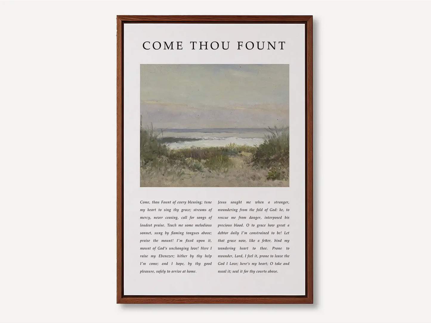 Fill your home with the beautiful melody of faith with this inspiring Christian canvas wall art. This framed canvas print features the heartfelt lyrics of "Come Thou Fount of Every Blessing," paired with a serene coastal painting.