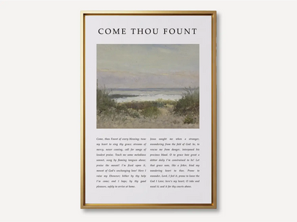 Fill your home with the beautiful melody of faith with this inspiring Christian canvas wall art. This framed canvas print features the heartfelt lyrics of "Come Thou Fount of Every Blessing," paired with a serene coastal painting.