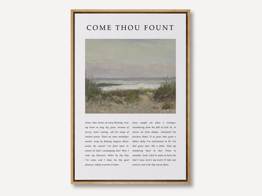 Fill your home with the beautiful melody of faith with this inspiring Christian canvas wall art. This framed canvas print features the heartfelt lyrics of "Come Thou Fount of Every Blessing," paired with a serene coastal painting.