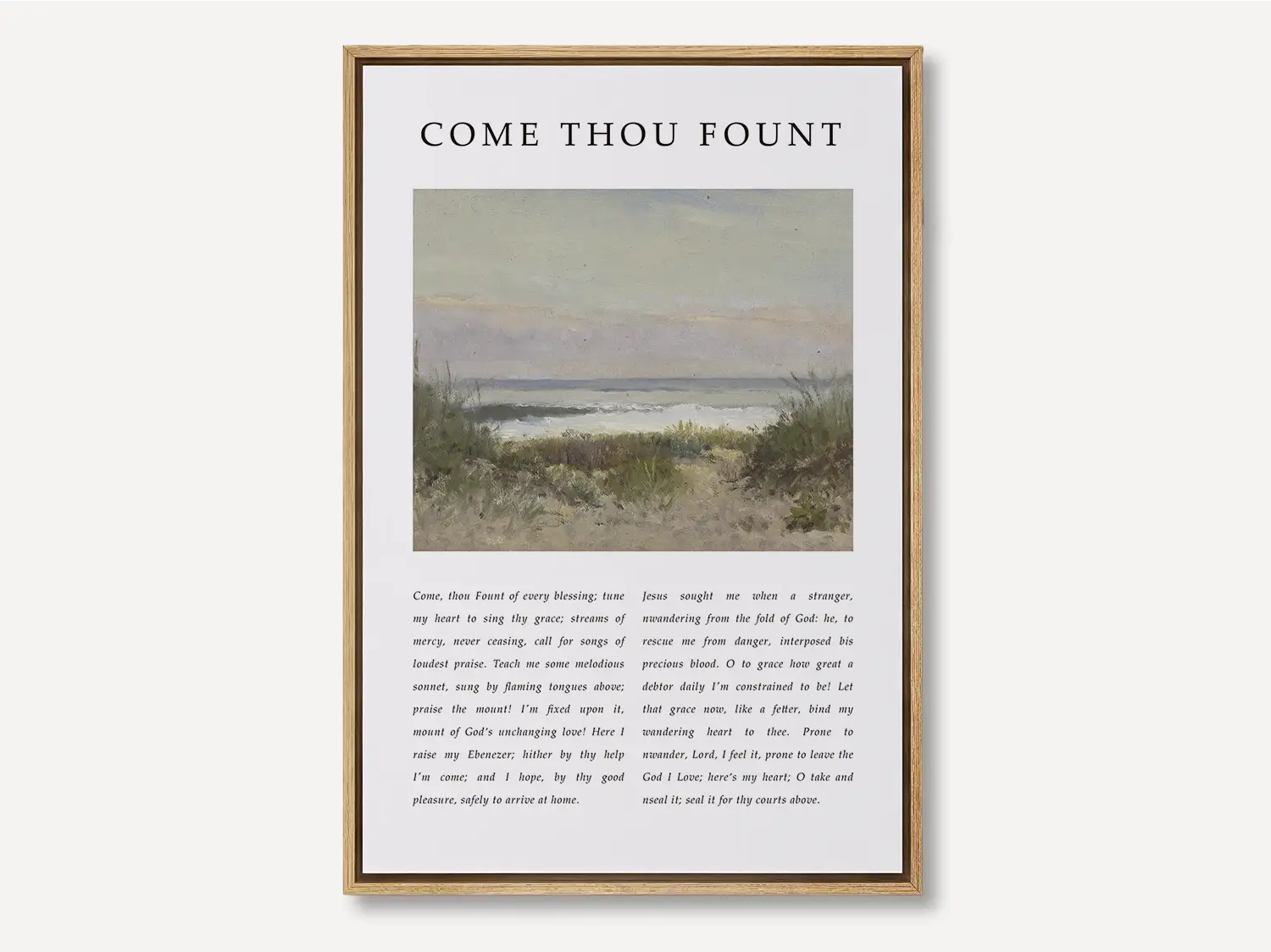 Fill your home with the beautiful melody of faith with this inspiring Christian canvas wall art. This framed canvas print features the heartfelt lyrics of "Come Thou Fount of Every Blessing," paired with a serene coastal painting.