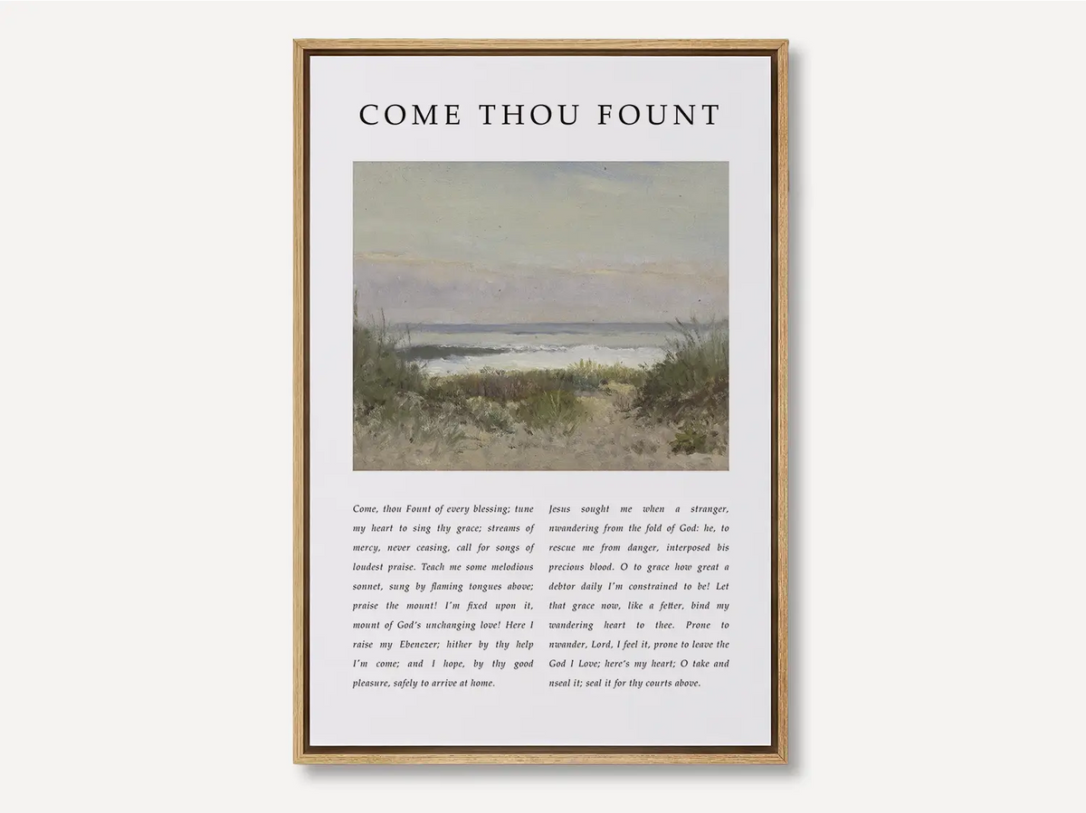 Fill your home with the beautiful melody of faith with this inspiring Christian canvas wall art. This framed canvas print features the heartfelt lyrics of "Come Thou Fount of Every Blessing," paired with a serene coastal painting.