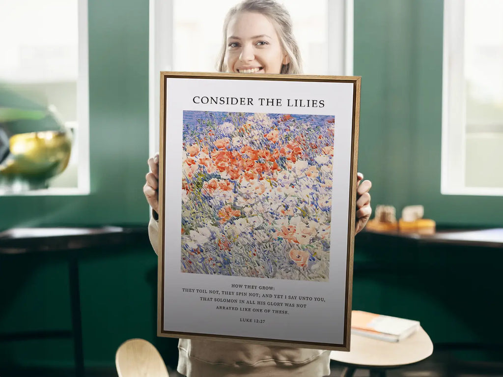 Invite the gentle wisdom of God's perfect provision into your home with this inspiring Christian canvas wall art. This framed canvas print features a vibrant, beautiful flower painting paired with the comforting teaching from Luke 12:27 to trust completely in Divine care.