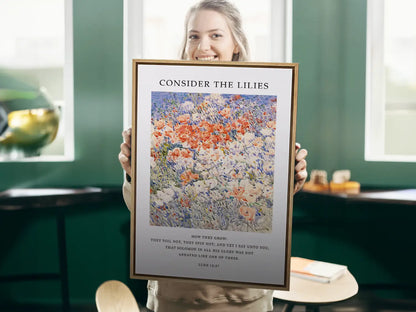 Invite the gentle wisdom of God's perfect provision into your home with this inspiring Christian canvas wall art. This framed canvas print features a vibrant, beautiful flower painting paired with the comforting teaching from Luke 12:27 to trust completely in Divine care.
