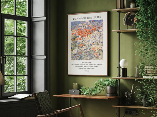 Invite the gentle wisdom of God's perfect provision into your home with this inspiring Christian canvas wall art. This framed canvas print features a vibrant, beautiful flower painting paired with the comforting teaching from Luke 12:27 to trust completely in Divine care.