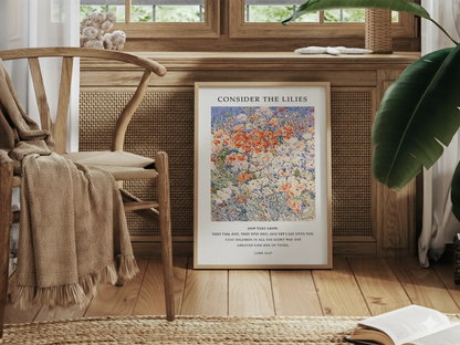 Invite the gentle wisdom of God's perfect provision into your home with this inspiring Christian canvas wall art. This framed canvas print features a vibrant, beautiful flower painting paired with the comforting teaching from Luke 12:27 to trust completely in Divine care.