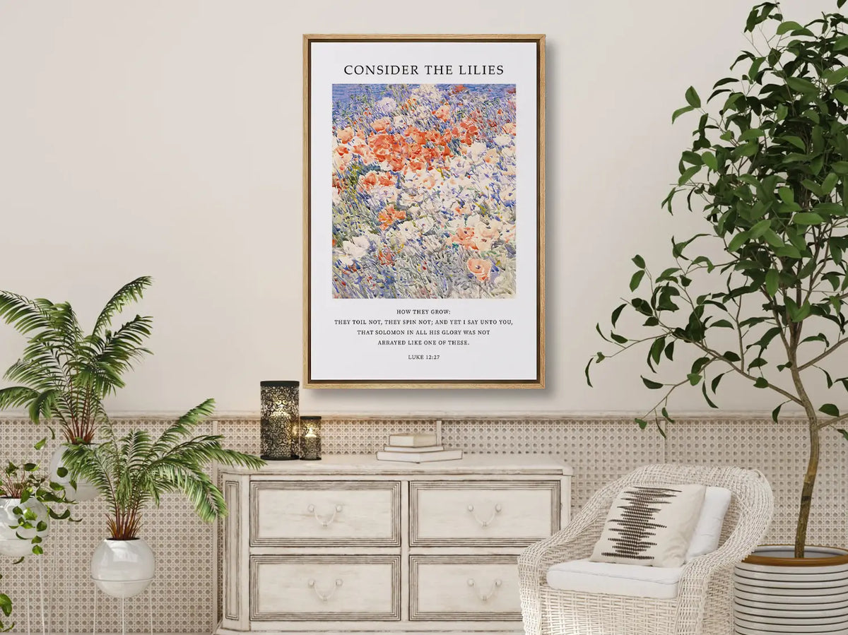 Invite the gentle wisdom of God's perfect provision into your home with this inspiring Christian canvas wall art. This framed canvas print features a vibrant, beautiful flower painting paired with the comforting teaching from Luke 12:27 to trust completely in Divine care.