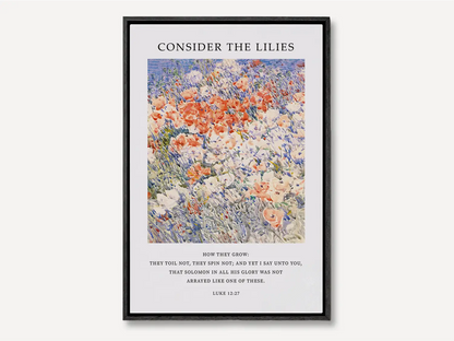 Invite the gentle wisdom of God's perfect provision into your home with this inspiring Christian canvas wall art. This framed canvas print features a vibrant, beautiful flower painting paired with the comforting teaching from Luke 12:27 to trust completely in Divine care.