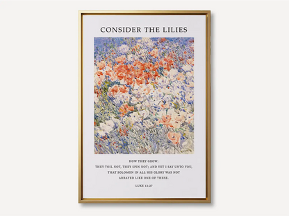 Invite the gentle wisdom of God's perfect provision into your home with this inspiring Christian canvas wall art. This framed canvas print features a vibrant, beautiful flower painting paired with the comforting teaching from Luke 12:27 to trust completely in Divine care.