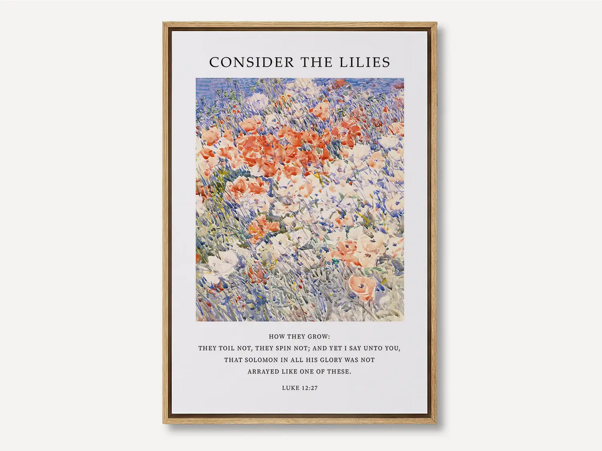 Christian floral canvas wall art with impressionist lilies painting and Luke 12:27 scripture, framed vintage Christian home decor