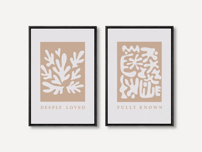 Decorate with faith and style using this inspiring, modern Christian wall art set. This collection of two framed abstract prints features a contemporary design and the comforting truth that you are Deeply Loved & Fully Known by God.