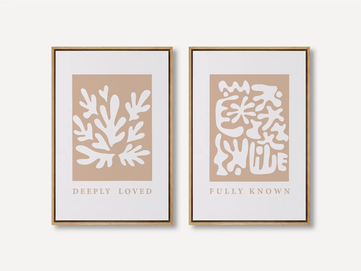 Decorate with faith and style using this inspiring, modern Christian wall art set. This collection of two framed abstract prints features a contemporary design and the comforting truth that you are Deeply Loved & Fully Known by God.