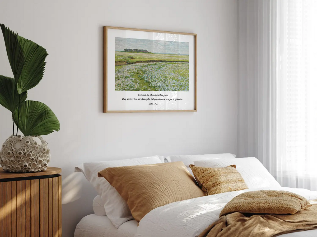 Invite the gentle reminder of God's perfect care into your home with this inspiring Christian wall art. This framed print features a beautiful field painting paired with the comforting teaching from Luke 12:27: "Consider the lilies, how they grow..."