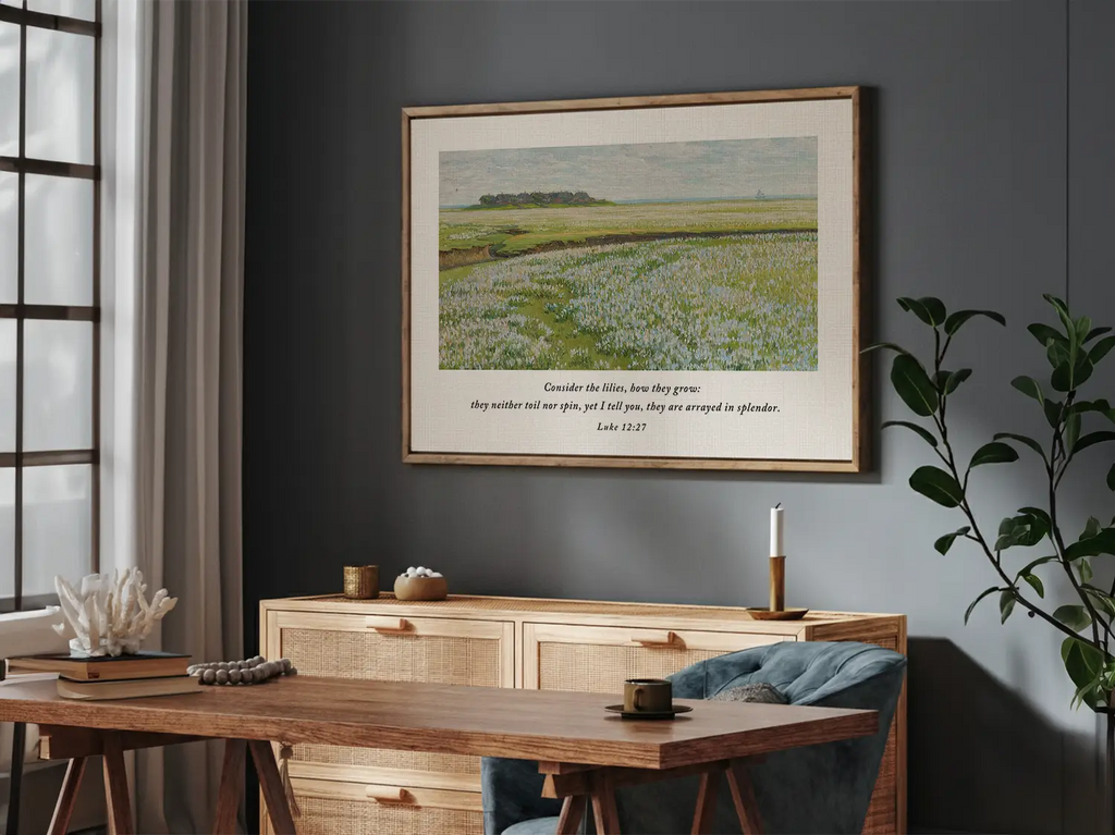 Invite the gentle reminder of God's perfect care into your home with this inspiring Christian wall art. This framed print features a beautiful field painting paired with the comforting teaching from Luke 12:27: "Consider the lilies, how they grow..."