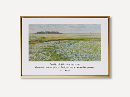 Invite the gentle reminder of God's perfect care into your home with this inspiring Christian wall art. This framed print features a beautiful field painting paired with the comforting teaching from Luke 12:27: "Consider the lilies, how they grow..."