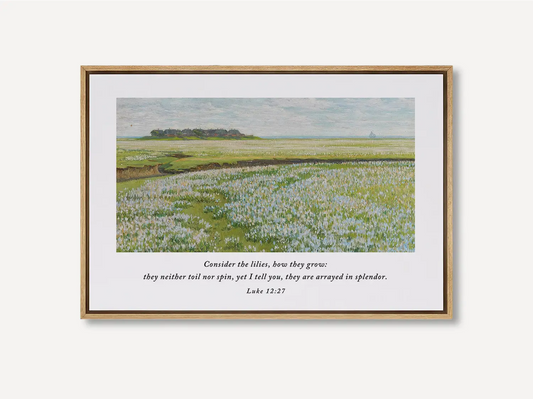 Invite the gentle reminder of God's perfect care into your home with this inspiring Christian wall art. This framed print features a beautiful field painting paired with the comforting teaching from Luke 12:27: "Consider the lilies, how they grow..."