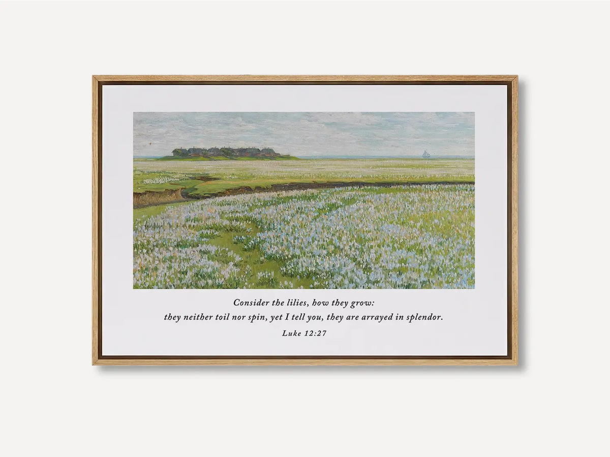 Invite the gentle reminder of God's perfect care into your home with this inspiring Christian wall art. This framed print features a beautiful field painting paired with the comforting teaching from Luke 12:27: "Consider the lilies, how they grow..."