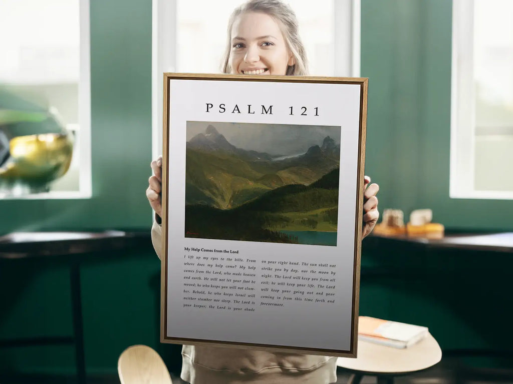 Anchor your home in the assurance of God's unwavering watchfulness with this inspiring Christian canvas wall art. This framed canvas print features a majestic mountain landscape and the complete, foundational text of Psalm 121.