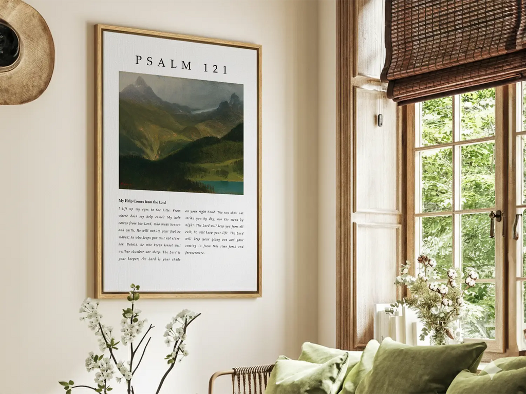 Framed Psalm 121 scripture canvas wall art displayed in living room