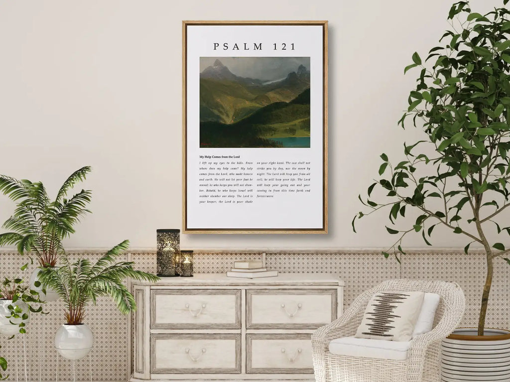 Anchor your home in the assurance of God's unwavering watchfulness with this inspiring Christian canvas wall art. This framed canvas print features a majestic mountain landscape and the complete, foundational text of Psalm 121.