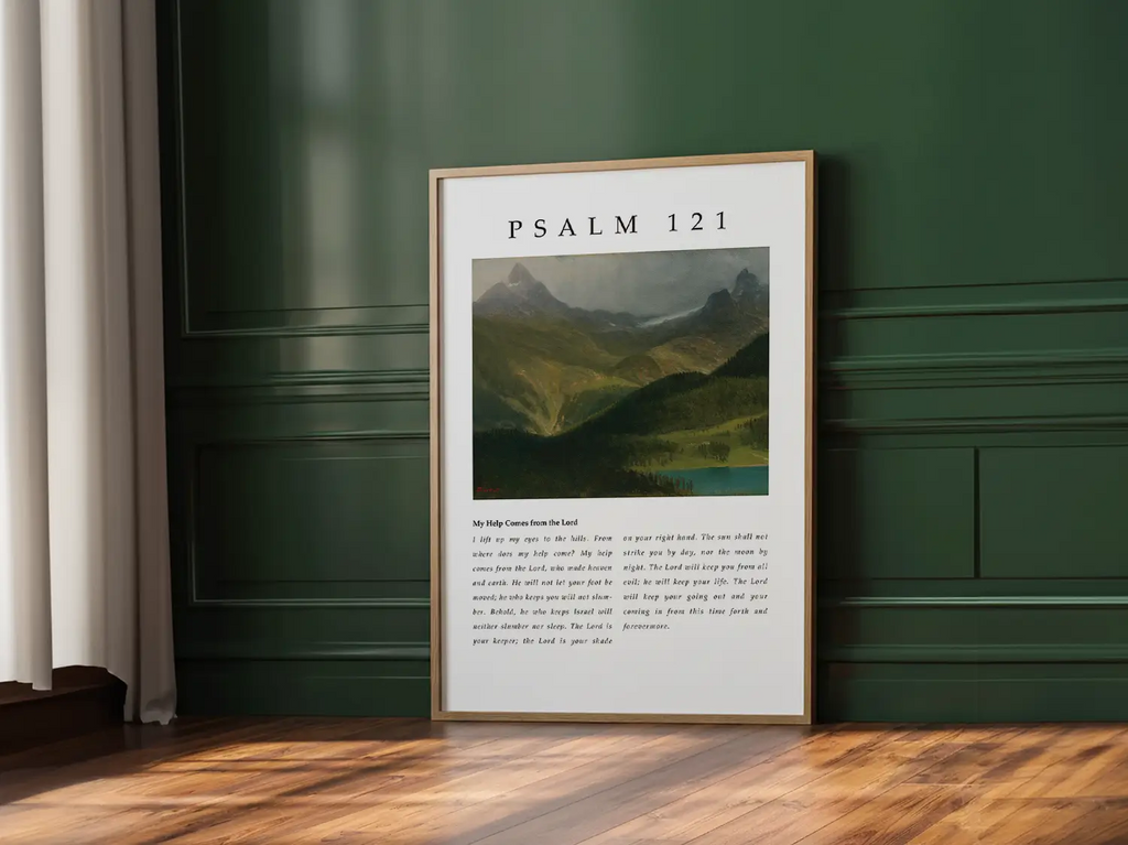 Anchor your home in the assurance of God's unwavering watchfulness with this inspiring Christian canvas wall art. This framed canvas print features a majestic mountain landscape and the complete, foundational text of Psalm 121.
