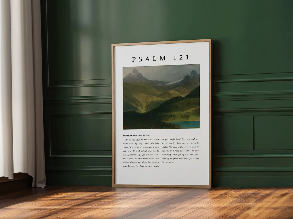 Anchor your home in the assurance of God's unwavering watchfulness with this inspiring Christian canvas wall art. This framed canvas print features a majestic mountain landscape and the complete, foundational text of Psalm 121.
