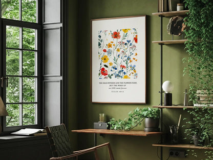 Anchor your hope in unchanging truth with this inspiring Christian canvas wall art. This framed canvas print features a vibrant watercolor floral design paired with the powerful promise from Isaiah 40:8: "The word of our God will stand forever."