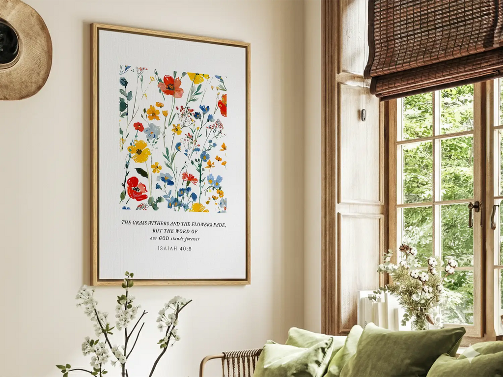 Christian floral canvas wall art featuring Isaiah 40:8 displayed in living room