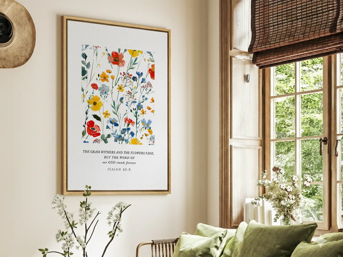 Christian floral canvas wall art featuring Isaiah 40:8 displayed in living room