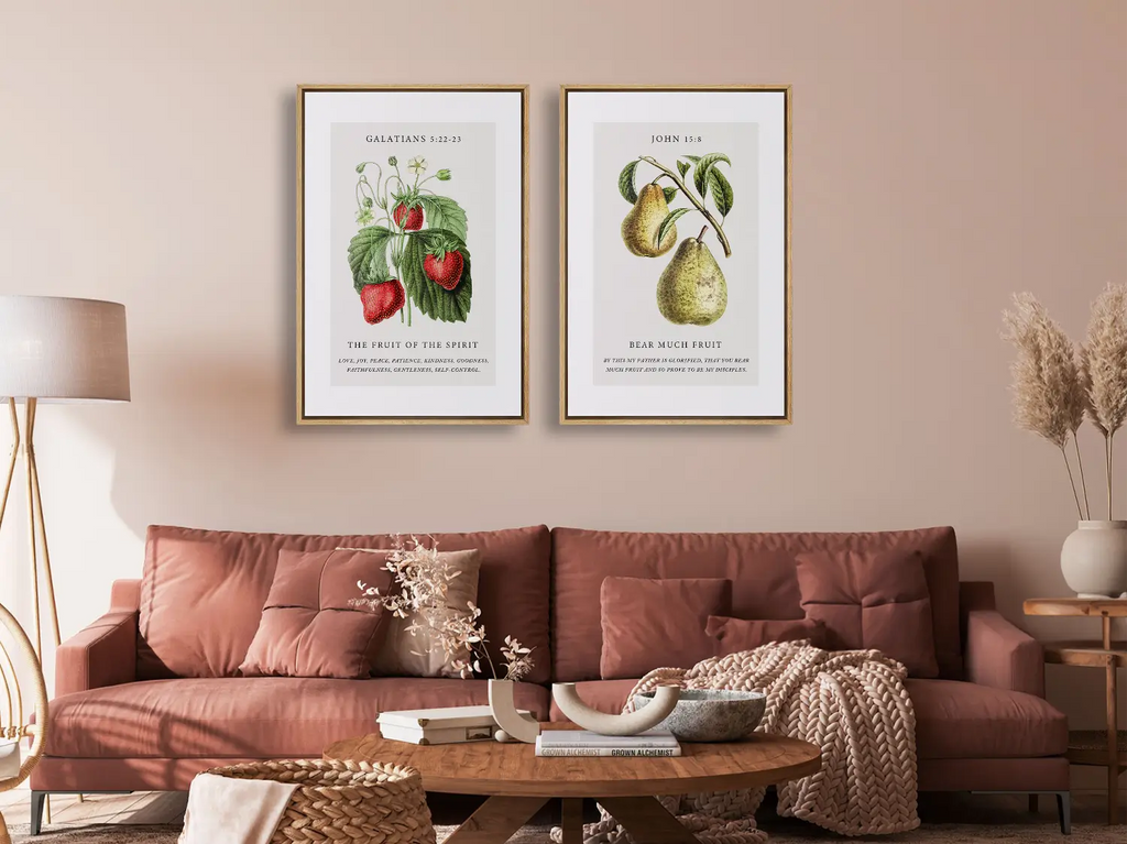 Decorate your home with this beautiful Christian wall art set. This collection of two framed botanical prints features detailed illustrations of fruit, paired with powerful verses on the Fruit of the Spirit and bearing spiritual fruit.