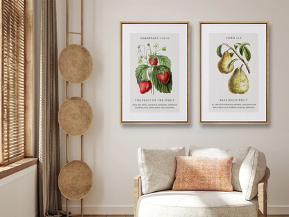 Decorate your home with this beautiful Christian wall art set. This collection of two framed botanical prints features detailed illustrations of fruit, paired with powerful verses on the Fruit of the Spirit and bearing spiritual fruit.