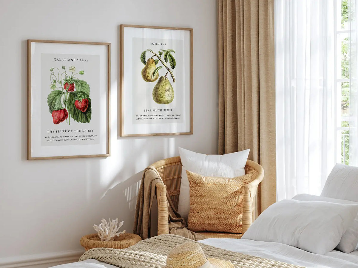 Decorate your home with this beautiful Christian wall art set. This collection of two framed botanical prints features detailed illustrations of fruit, paired with powerful verses on the Fruit of the Spirit and bearing spiritual fruit.