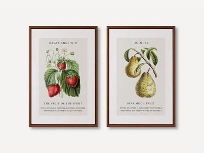 Decorate your home with this beautiful Christian wall art set. This collection of two framed botanical prints features detailed illustrations of fruit, paired with powerful verses on the Fruit of the Spirit and bearing spiritual fruit.