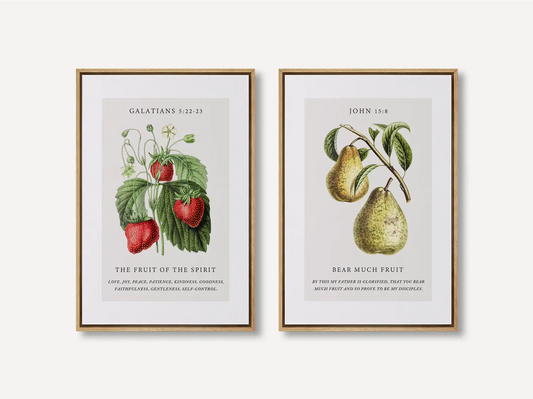 Decorate your home with this beautiful Christian wall art set. This collection of two framed botanical prints features detailed illustrations of fruit, paired with powerful verses on the Fruit of the Spirit and bearing spiritual fruit.